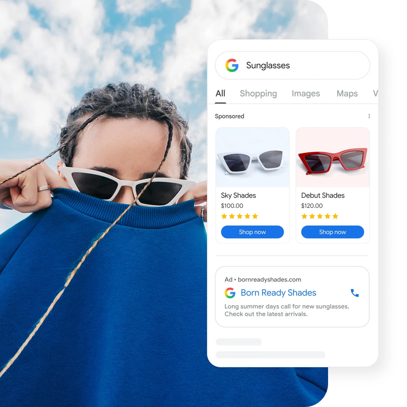 Pesquisa Google mostrando resultados patrocinados de óculos de sol